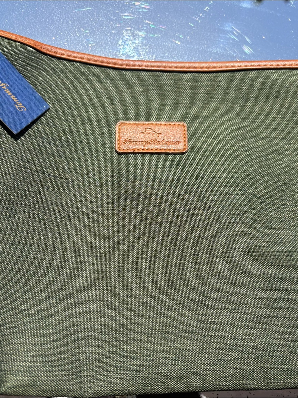 Tommy Bahama Olive Green Canvas Tote with Brown Trim